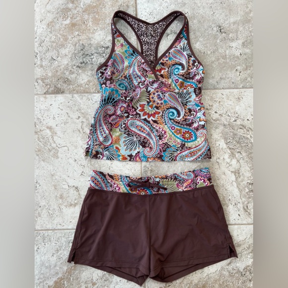 Athleta Bold Paisley V-Neck Racerback Tankini, Brown/Multi, M - Picture 8 of 8